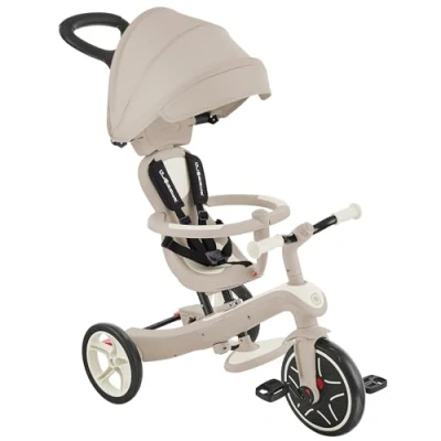Afbeelding van Globber Driewieler Explorer Trike 4in1 Eco coconut vanaf 10 maanden Van naar tweewieler Groeit mee tot 5 jaar Inschakelbaar vrijloopsysteem Creme Afneembare en verstelbare duwstang