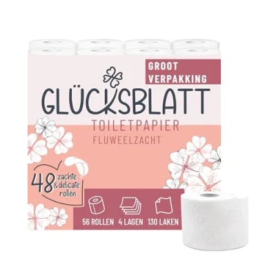 Afbeelding van Glücksblatt Fluwelen toiletpapier, 4 laags, 56 rollen x 130 vellen, 100% cellulose, superzacht wc papier met geluksreliëf, ideaal voor camping, verpakking van ten minste 30% PCR aandeel