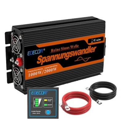 Afbeelding van EDECOA Omvormer Zuivere Sinus 1000W 12 V 230 Auto 12V naar 230V Spanningsomvormer 2000W Piekvermogen Inverter Pure Sine Wave met Afstandsbediening EU Stopcontacten