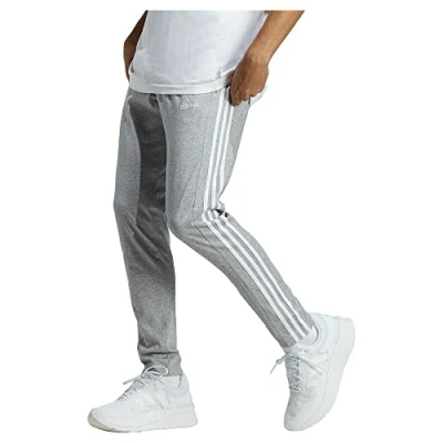 Afbeelding van adidas Heren Essentials Single Jersey Tapered Open Hem 3 Stripes Pants, medium grey heather/white, XXL
