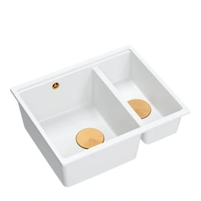 Afbeelding van Quadron Logan 150 granieten spoelbak, keukenspoelbak, afmetingen 55,5 x 46 22 cm, wit en koper Pvd, dubbele wastafel, keuken, kastbouw vanaf 60 cm