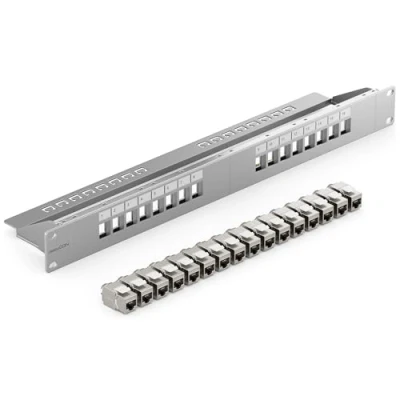 Afbeelding van deleyCON 16 Poorts CAT 7 Patchpaneel SET Distributie Paneel Modulair 1 U 19&quot; Inch Rekinstallatie + 16x Keystone Modules RJ45 LAN Netwerk 10 Gbit/s 600 MHz Installatiekabel Grijs