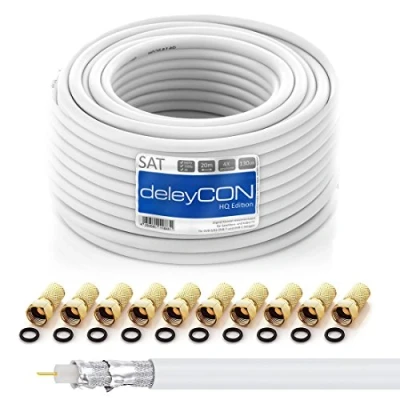 Afbeelding van deleyCON HQ 20m SAT Coaxiale Kabel 130dB 4 Voudig Afgeschermd voor DVB S S2 T en C Binnengeleider van Staal/Koper 4K 1080p Full HD HDTV Incl. 10x Vergulde F Stekkers