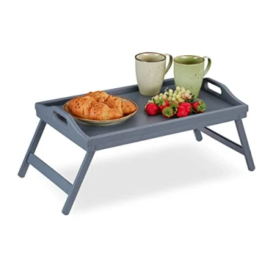 Afbeelding van Relaxdays bamboe bedtafel, inklapbare pootjes, verhoogde rand, ontbijtplank voor in bed, HxBxD: 6,5 x 50 30 cm, grijs