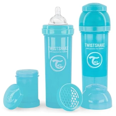 Afbeelding van Twistshake 2x Antikoliek Babyflesjes Met Melkpoederreservoir En Mixer 330ml Snelstromende Siliconen Speen BPA Vrije Babymelkfles 4+ Maanden Blauw
