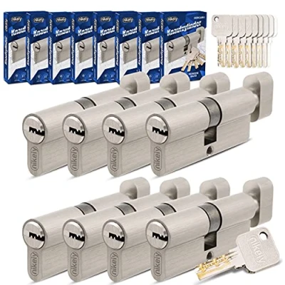Afbeelding van GERCAR Pro gelijksluitend 8 knopcilinders 40/40 set 8x slotcilinder met knop incl. 40 sleutels 80 mm deurslot cilinderslot cilinder lengte: mm, A:40 B:40 messing mat massief