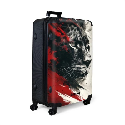 Afbeelding van NoBoringSuitcases.com® Koffer groot Reiskoffer lichtgewicht Zwart wit panter met rode verf Rolkoffer 4 wielen Grote trolley XL 98 liter bagage