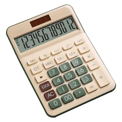 Afbeelding van NEWYES Bureaurekenmachine, 12 cijferig groot LCD scherm, zonne energie met dubbele voeding, grote knop, OFF sleutel, groene stijl voor thuis en op kantoor