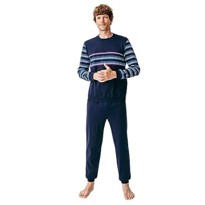 Afbeelding van Damart Thermolactyl fleece pyjama met lange mouwen, marineblauw gestreept, XL