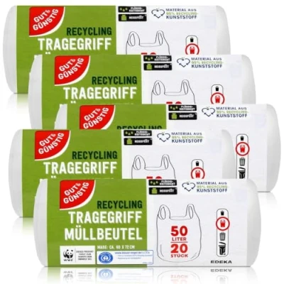 Afbeelding van Gut &amp; Günstig Vuilniszakken met draaggreep, 50 liter, 20 stuks per rol, scheur en vloeistofbestendig, recyclebaar product verpakking