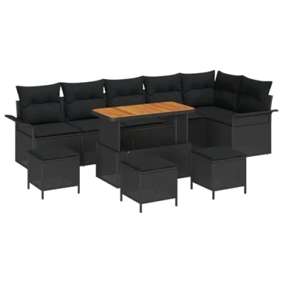 Afbeelding van vidaXL 10 delige tuinset met kussens zwart poly rattan en acacia