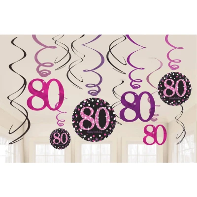 Afbeelding van Decoratie Swirls 80 jaar Sparkling Roze 12 stuks