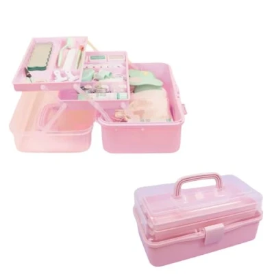Afbeelding van Craftelier Opbergkoffer met 3 vakken, sluiting en handvat voor scrapbooking materialen andere knutselwerkjes, afmetingen ca. 32 x 13,5 18,5 cm, roze