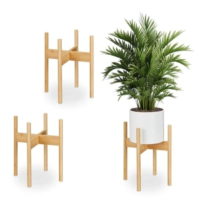Afbeelding van Relaxdays bamboe plantenstandaard set van 3 bloemenstandaard binnen plant verhoger XL