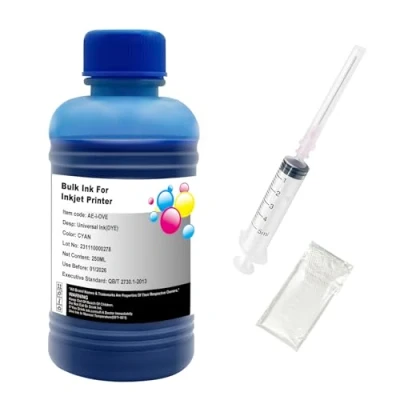 Afbeelding van Hallosun 250 ml cyaan navulinkt compatibel met HP Canon Epson Brother Lexmark Printer navulbare inktpatronen CISS CIS System, 1 spuit, handschoen