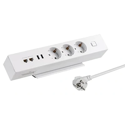 Afbeelding van MaxTrack stekkerdoos met 3 contacten, 2x USB en RJ45 voor op bureau / wit 1,8 meter