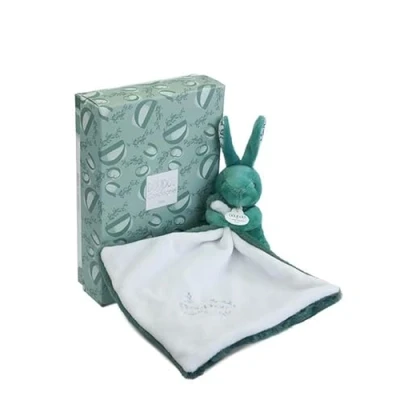 Afbeelding van DOUDOU ET COMPAGNIE Konijn met knuffeldier saliegroen ultrazacht babypluche bloemenmotief cadeau voor geboorte gemengd machinewasbaar gratis doos DC4361