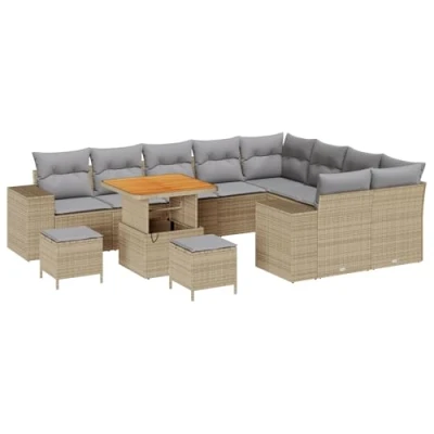 Afbeelding van vidaXL 12 Delige Tuin Sofaset met Kussens Beige Poly Rattan Acacia, 3 Eetset Acacia