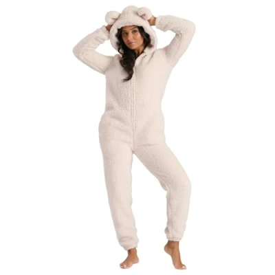 Afbeelding van Undercover Dames zachte sherpa fleece capuchon teddy alles in één onesie met rits, Beige Teddy, XL