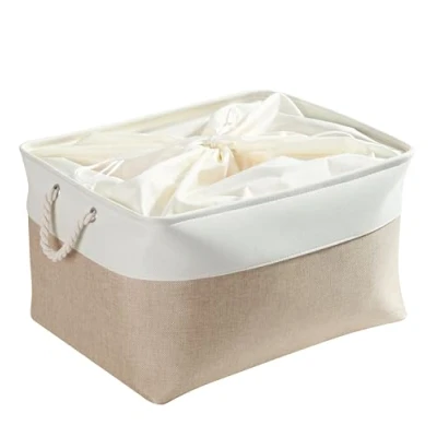 Afbeelding van Mangata Extra grote opbergdozen, stoffen opbergmanden met touwgrepen voor kasten, planken, kledingkast, speelgoed, kleding (opvouwbaar, licht kaki wit)