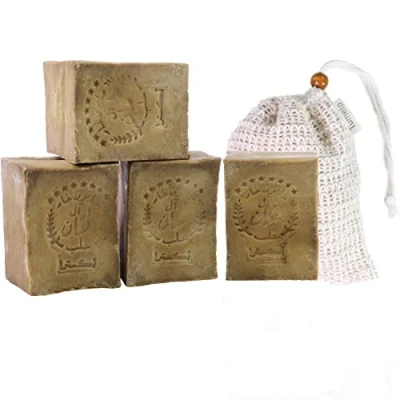 Afbeelding van TUMELO Originele Aleppo zeep 4 x 200g (800g) 95% Olijfolie 5% Laurierolie + Zeepzakje Handgemaakte olijfoliezeep Natuurlijke Vaste haarzeep/Douchzeep