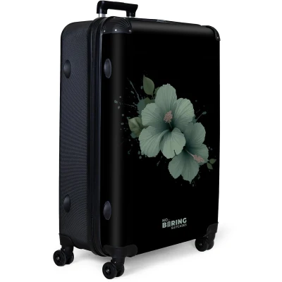 Afbeelding van NoBoringSuitcases.com® Koffer groot Reiskoffer lichtgewicht Zwarte achtergrond met groene hibiscusbloem Rolkoffer 4 wielen Grote trolley XL 98 liter bagage