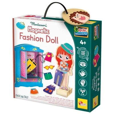 Afbeelding van Lisciani Montessori Modepop voor Kinderen vanaf 4 jaar Kleed je Houten Poppen aan met 26 Magnetische Kledingstukken naar Keuze 3D Kast &amp; Standaard Speelgoed Gemaakt in Italië