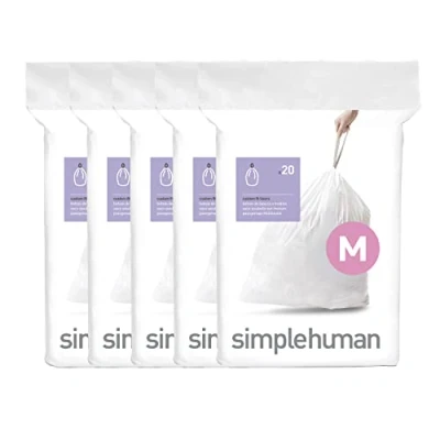 Afbeelding van simplehuman Code M 100 stuks, echte op maat gemaakte binnenzakken, vuilniszakken met trekkoord in dispenserverpakking, 45 liter, wit