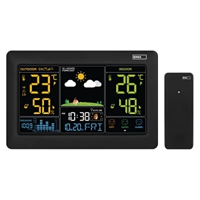 Afbeelding van EMOS Draadloos weerstation met kleurendisplay en buitensensor, thermometer, hygrometer, barometer, weersvoorspelling, datum klokweergave, wekker, smiley indicator, incl. voeding