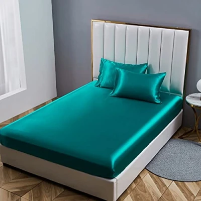 Afbeelding van Damier Satijnen hoeslaken, 100 x 200 cm, turquoise met zijdeglans, luxe effen geschikt voor matrassen tot 30 cm hoog