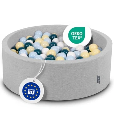 Afbeelding van KiddyMoon 90 x 30 cm babyballenbak van schuim / 300 ballen met diameter 7 cm. Gecertificeerd gemaakt in de EU, lichtgrijs: donker turkoois/ pastelblauw pastelgeel /wit