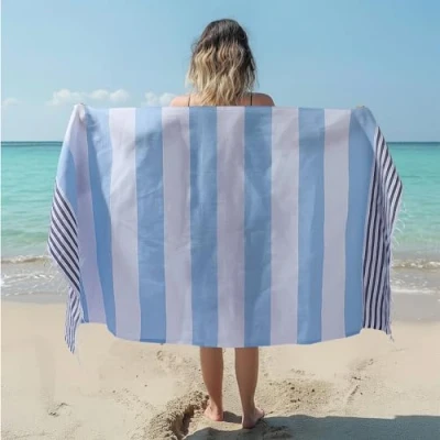 Afbeelding van JEMIDI hamamdoek 180 x 100 cm Sneldrogende sauna handdoek 100% katoen Als badlaken strandlaken picknickkleed of pareo Licht en donkerblauw
