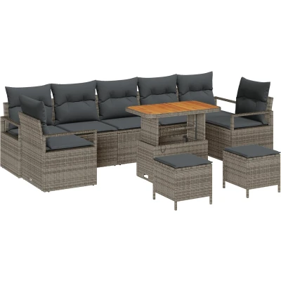 Afbeelding van vidaXL 10 delig Tuin Sofa Set met Kussens Grijs Poly Riet Acacia, 2 zits Riet, 3 Eetset Acacia