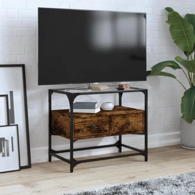 Afbeelding van Tv meubel met glazen blad 60x35x51 cm hout gerookt eikenkleurig