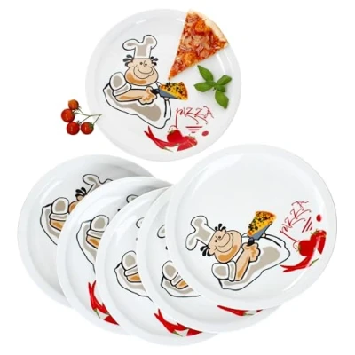 Afbeelding van MamboCat Set van 6 Alberto pizzaborden, diameter 30,5 cm, voor personen, grote pizzaborden met comic pizzabakker porselein, XL platte borden, serveerschaal