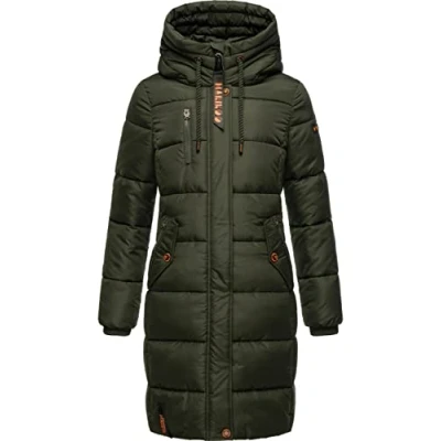 Afbeelding van Marikoo Yuikoo Winterjas voor dames, warm, gewatteerd, lang, met capuchon, XS XXL, dark olive, XXL