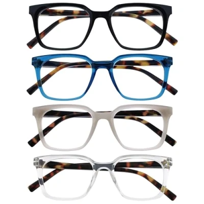 Afbeelding van OPULIZE KOI Leesbrillen 4 Pack Groot Rechthoekig Montuur Zwart Blauw Grijs Helder Heren Dames Veerscharnieren RRRR50 137C +2.50