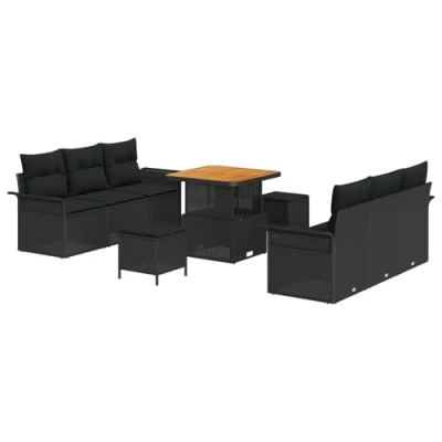Afbeelding van vidaXL 9 Piece Tuin Sofa Set met Kussens Zwart Poly Rattan Acacia