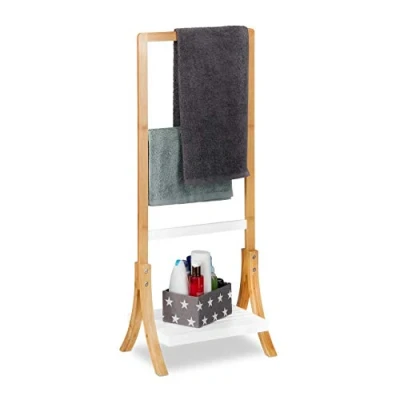 Afbeelding van Relaxdays handdoekenrek bamboe handdoekhouder vrijstaand 3 roedes met plank hout