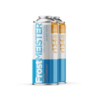 Afbeelding van FrostMEISTER 2 in 1 auto airconditioning vulset 400 ml: snel en eenvoudig vullen met R134a vervanging (1995 2016), milieuvriendelijk veilig voor voertuigen, blikjes x ml