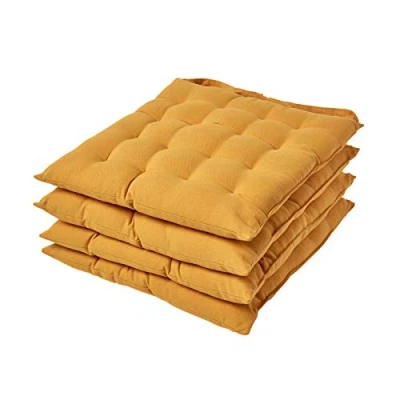 Afbeelding van Homescapes Set van 4 stoelkussens, 40 x cm, mosterdgeel, zitkussen met banden en knoopsluiting, 100% katoen zachte polyester vulling