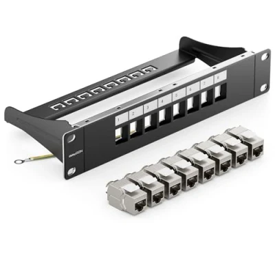 Afbeelding van deleyCON 8 Poorts CAT 7 Patchpaneel SET Distributie Paneel Modulair 1 U 10&quot; Inch Rekinstallatie + 8x Keystone Modules RJ45 LAN Netwerk 10 Gbit/s 600 MHz Installatiekabel Zwart