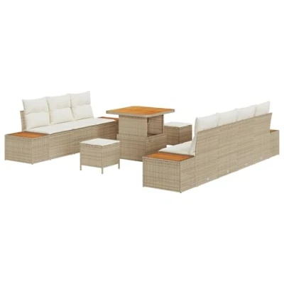 Afbeelding van vidaXL 10 delige Tuin Sofa Set met Kussens Beige Poly Rattan Acacia, 3 Eet Acacia