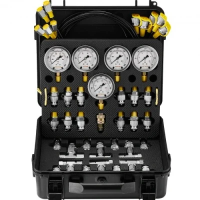 Afbeelding van VEVOR hydraulische druktestset, 10/100/250/400/600 bar, 5 meters, 13 koppelingen, 14 T connectoren, testslangen, testmeterset voor graafmachines met draagtas