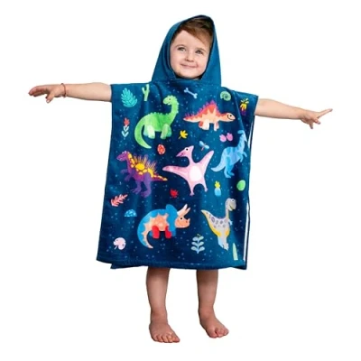 Afbeelding van Theonoi Kinderponcho, badponcho, capuchonhanddoek, badhanddoek, strandhanddoek, met capuchon, voor jongens en meisjes, 100% katoen (dinosaurus)