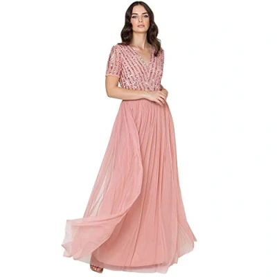 Afbeelding van Maya Deluxe Maxi jurk voor dames, bruidsmeisje, V hals, baljurk met korte mouwen, lang, elegant, empire taille, bruiloft, Bloesem, 40