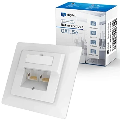 Afbeelding van hb digital 1 x CAT 5e netwerkdoos voor CAT.7, 6A, 6, CAT.5 installatiekabel met 2 RJ45 poort, universele inbouwdatasoos, EIA/TIA 568A &amp;B 8P8C Gigabit Ethernet RAL9003, signaalwit