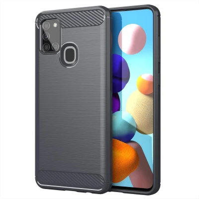 Afbeelding van Cadorabo Hoesje geschikt voor Samsung Galaxy A21s in BRUSHED GRIJS Beschermhoes van flexibel TPU siliconen roestvrij staal carbonvezel look Case Cover
