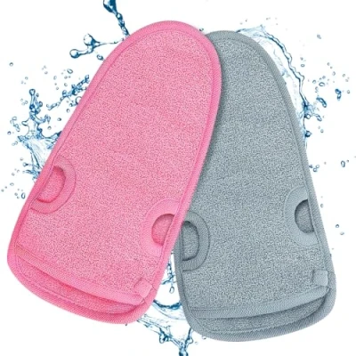 Afbeelding van 2 stuks peelinghandschoenen, douchelichaamsmassagehandschoen met duimgaten, voor lichaam en gezicht, badspons, spa (grijs + roze)