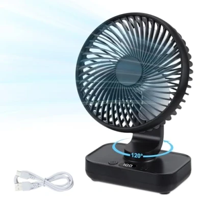 Afbeelding van Aischens USB tafelventilator, oscillerend, mini ventilator, zeer stil, met 4000 mAh batterij, persoonlijke draagbare tafelventilator voor thuis, kantoor, kamperen, zwart